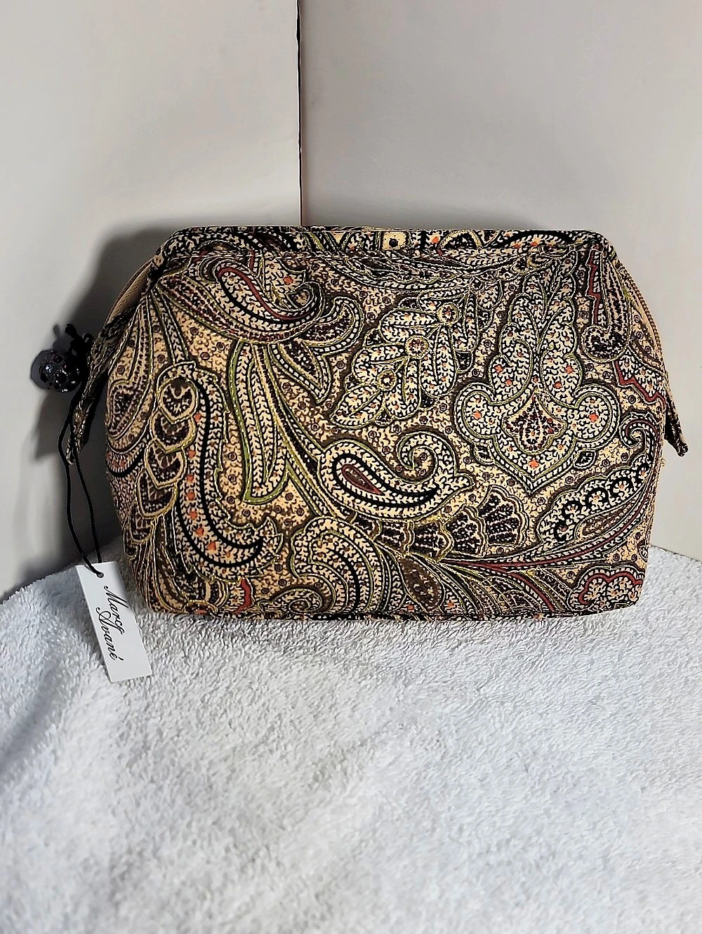Marco Avane' Paisley Cosmetic Pouch in Brown & Green w Gold Accent NWT